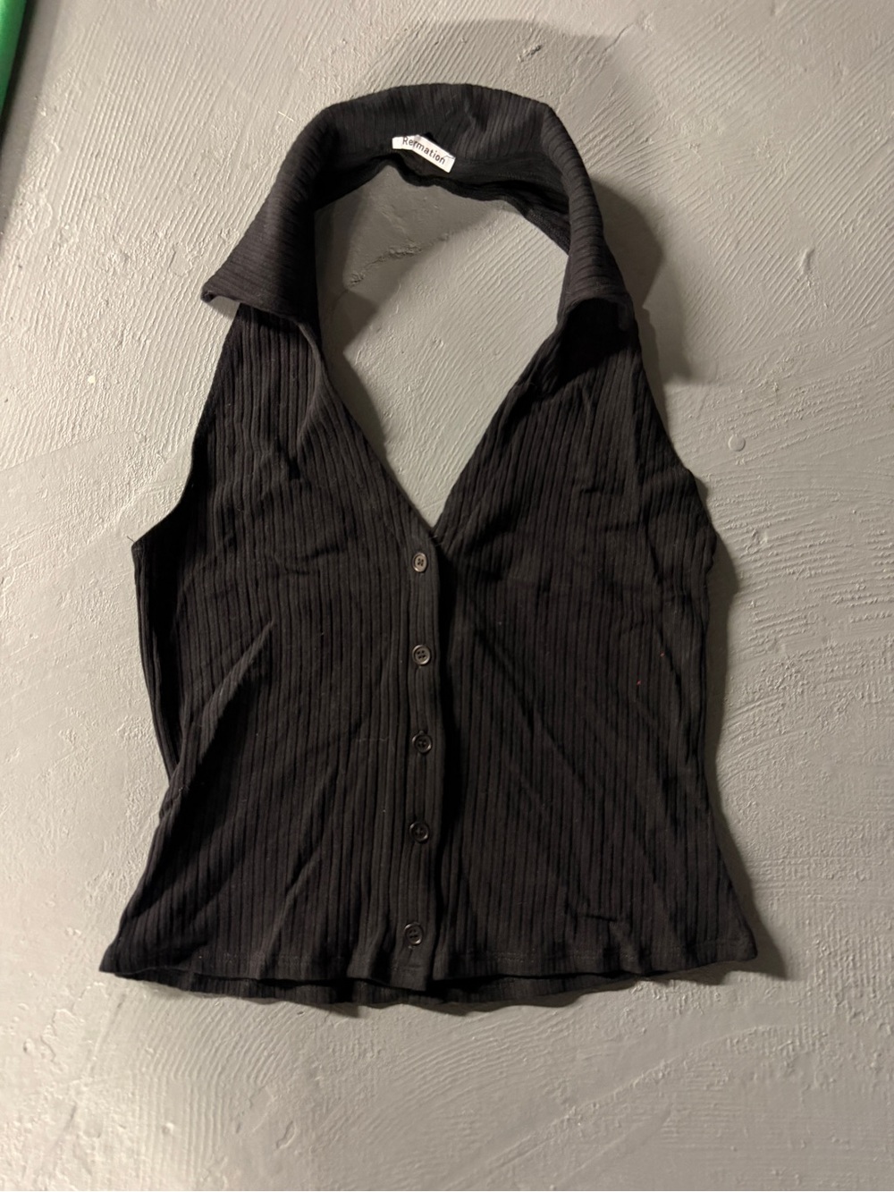Reformation Black Ribbed Button-Front Halter Tank